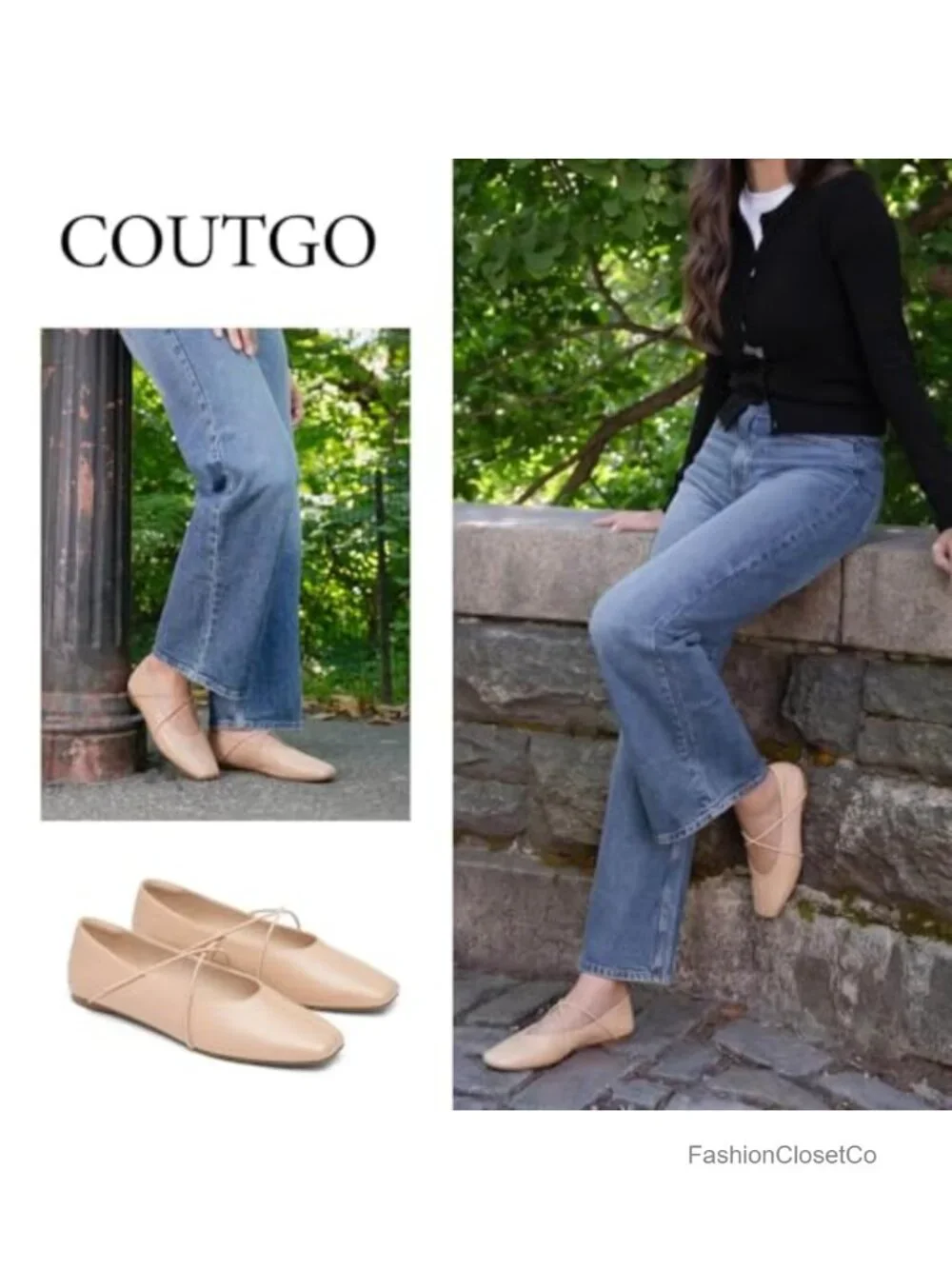 Coutgo Women's Square Toe Mary Jane Flats Crisscross Strap Faux Leather Slip On